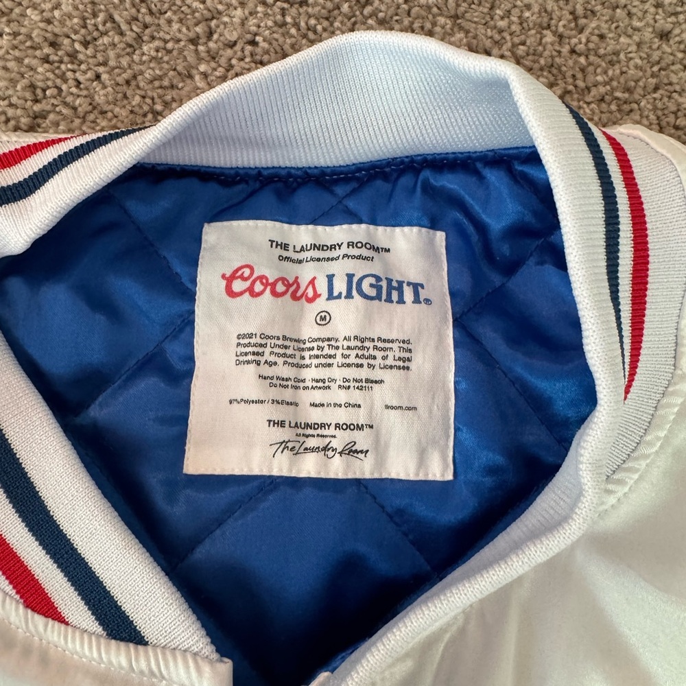 The Laundry Room White Bomber Jacket with Red & Navy Coors Light Script - Picture 5 of 7